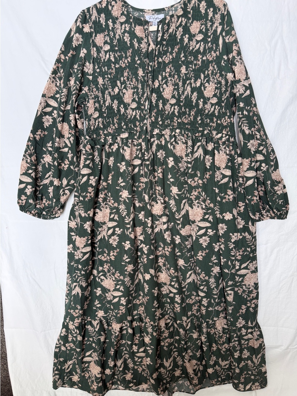 Polagram Green Floral Smocked Maxi Dress with Cream Print